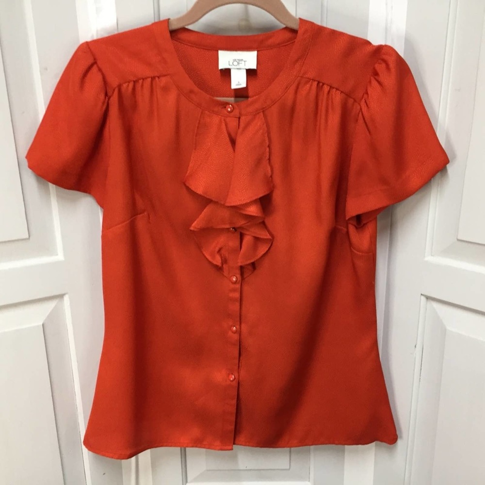 LOFT Orange Button Down Blouse w/ Ruffle Detail - Picture 4 of 16